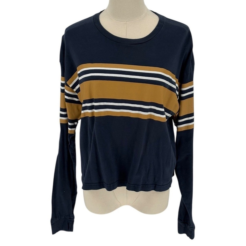 Justify Long Sleeve T-Shirt Navy Mustard Striped 100% Cotton XL